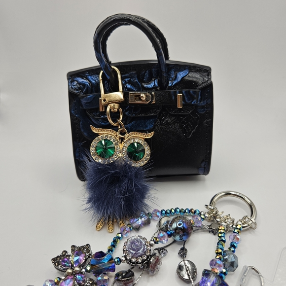 Handbags - Elegant Black Mini Bag with Owl Charm And Phone Chain